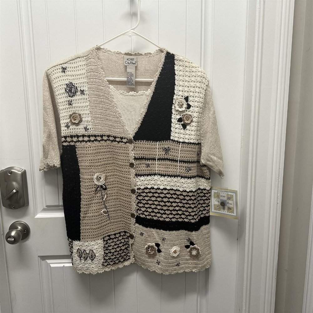 Vintage  Sweater Costal Grandma Crochet New Size 18 Beige Black Ramie Koret